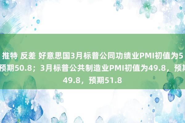 推特 反差 好意思国3月标普公同功绩业PMI初值为54.3，预期50.8；3月标普公共制造业PMI初值为49.8，预期51.8